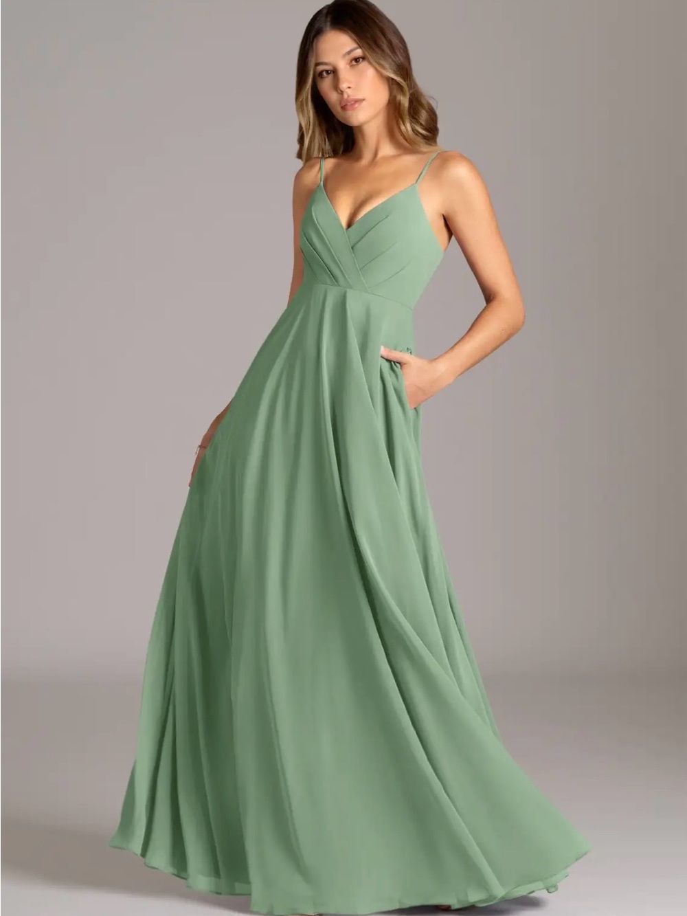 Azazie Matcha Green V-Neck Spaghetti Strap Maxi Dress